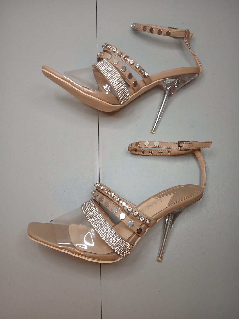 Nude & Clear Strappy Rhinestone Ankle Strap High Heel Stiletto Sandals 10 NWOT